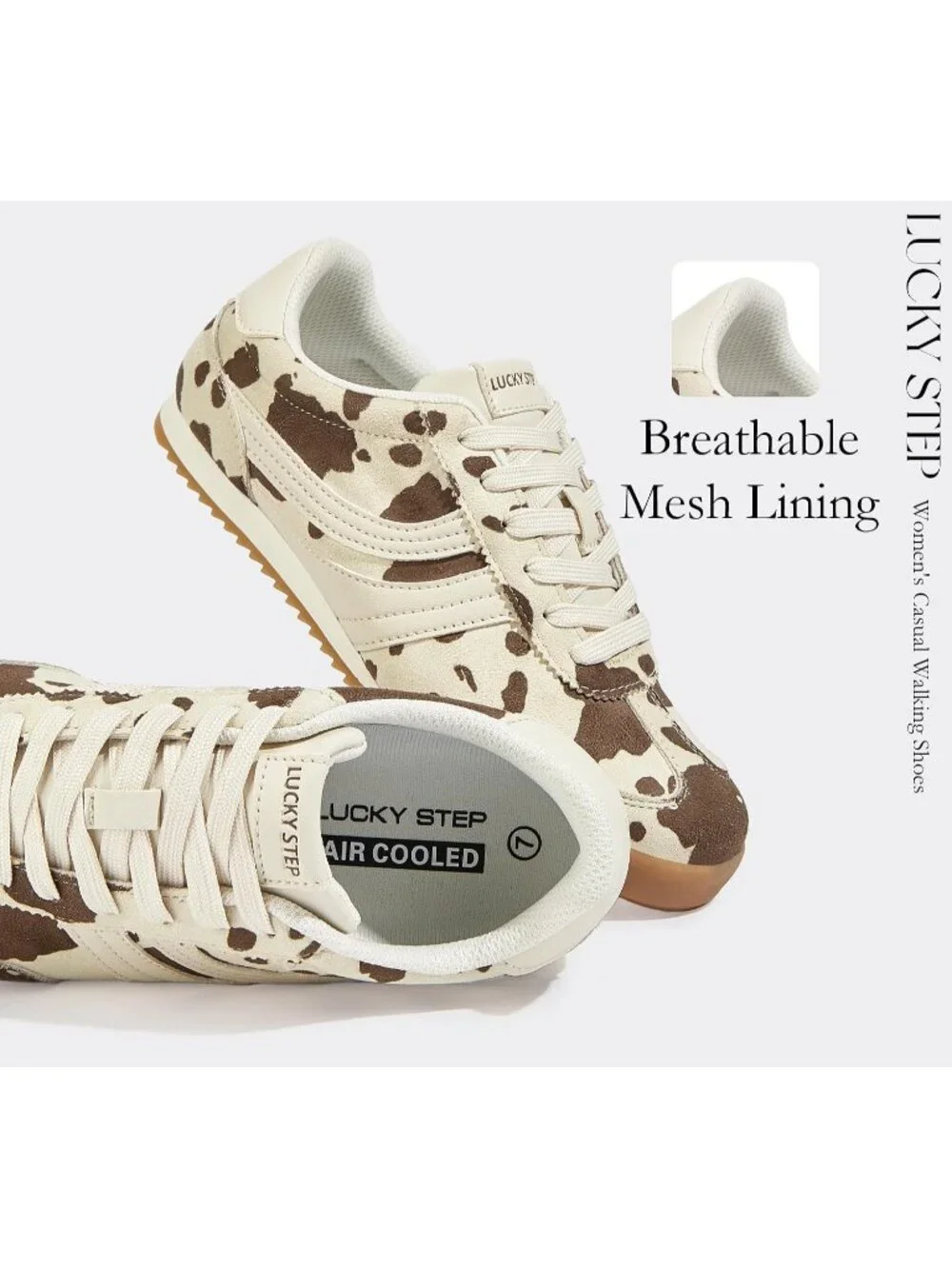 Women's Cow Print Lightweight Thin Sole Lace up Anti Slip Classic Retro Sneakers